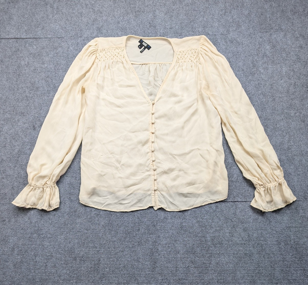 Paige Silk Blouse Womens Medium Cream Quiet Luxury Victorian Button Up Timeless